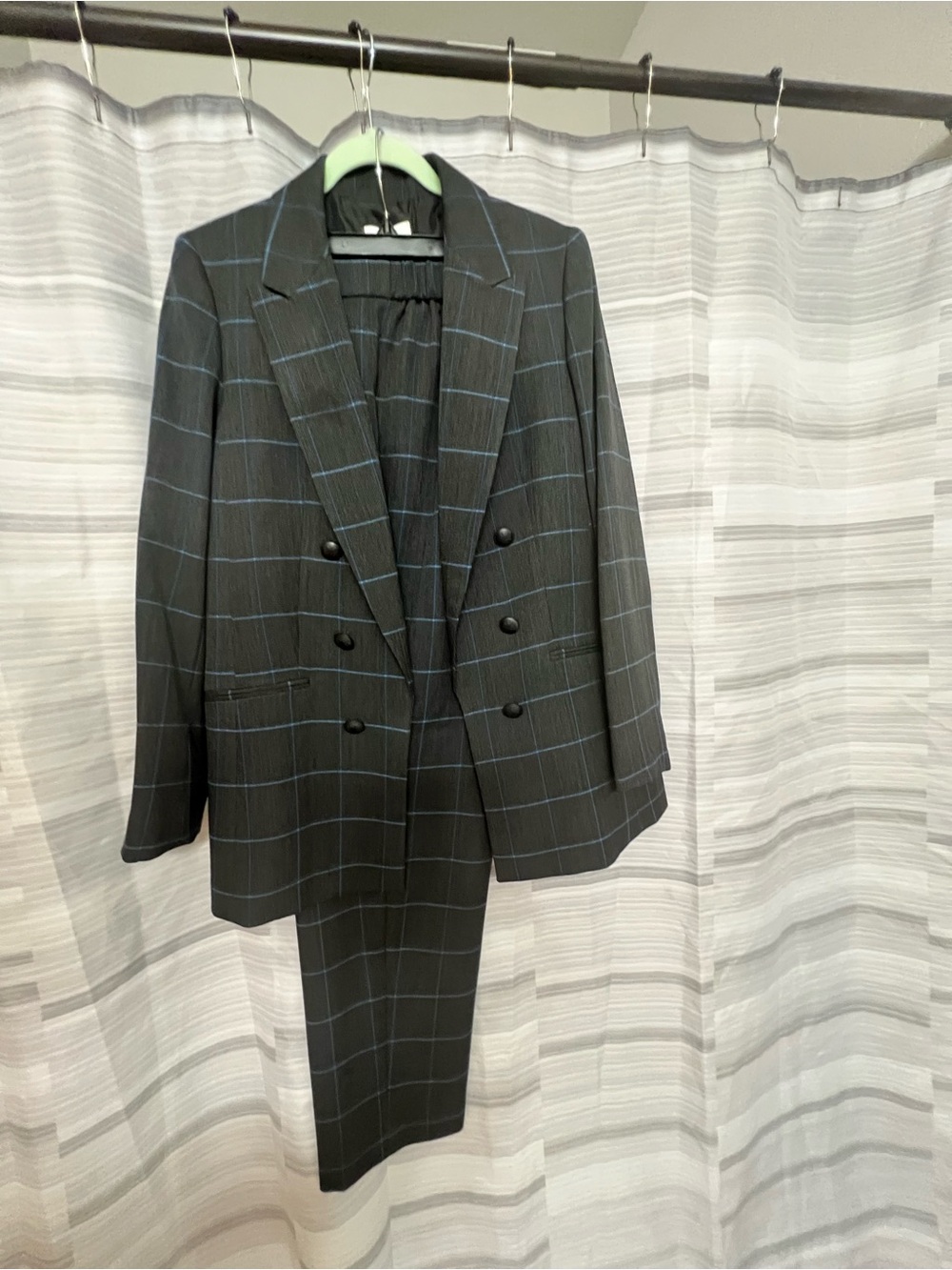 Bar III Charcoal Gray Blue Windowpane Double Breasted Pantsuit L